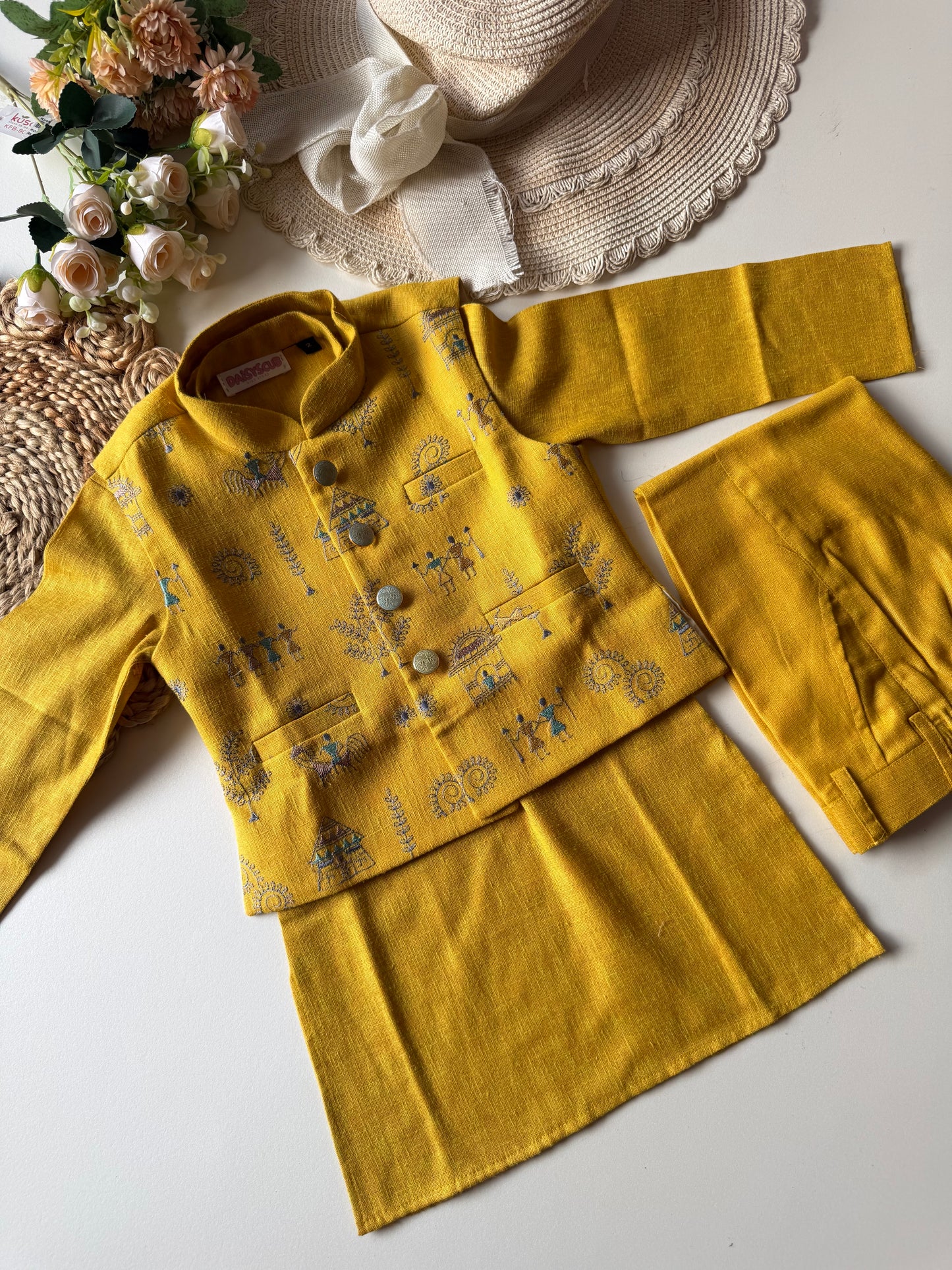Designer Linen Hand Embroidery Mustard Jacket Kurta Set