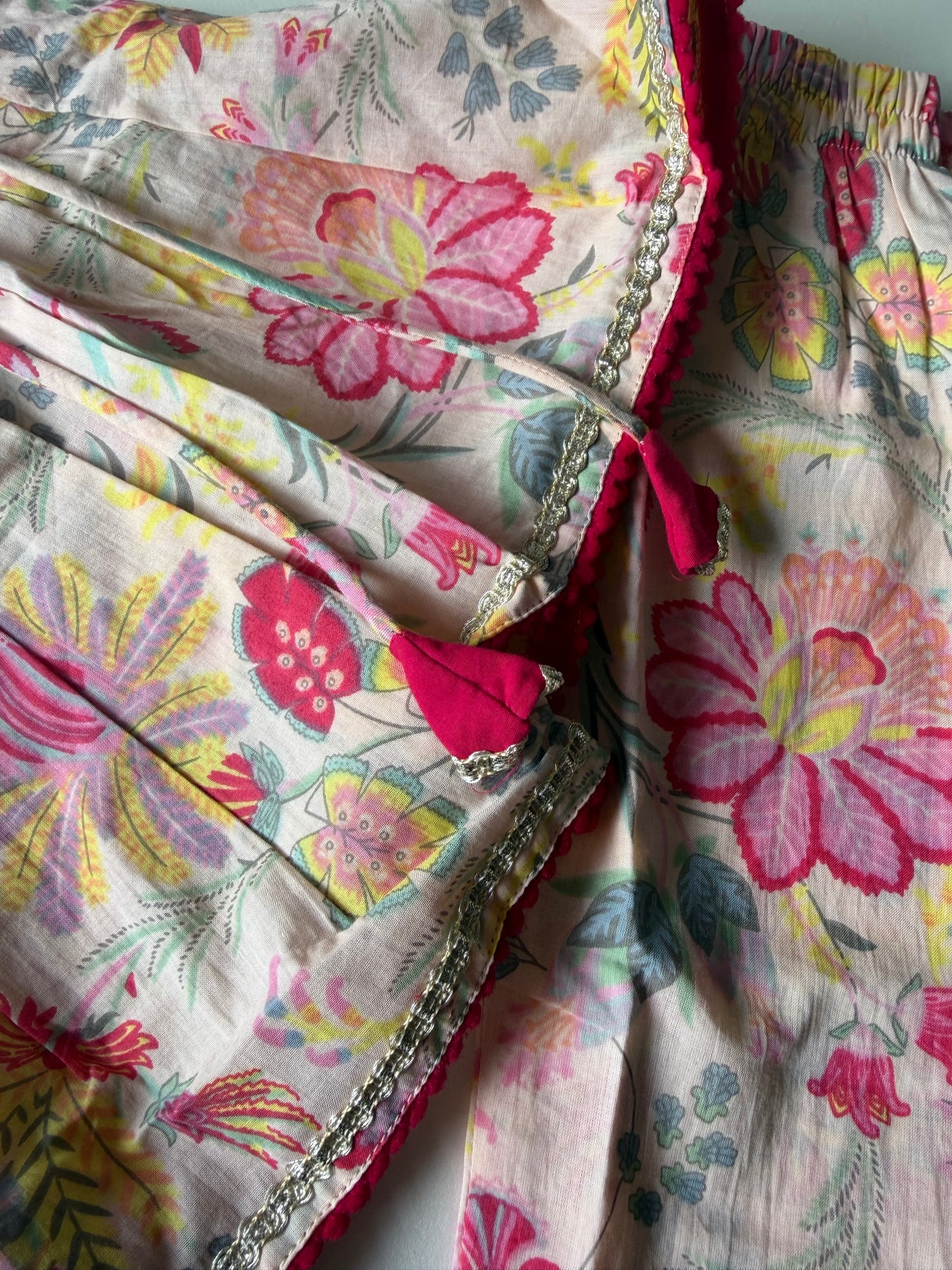 Pure Cotton Angarkha Kurti with Pant - Floral Creamish Pink