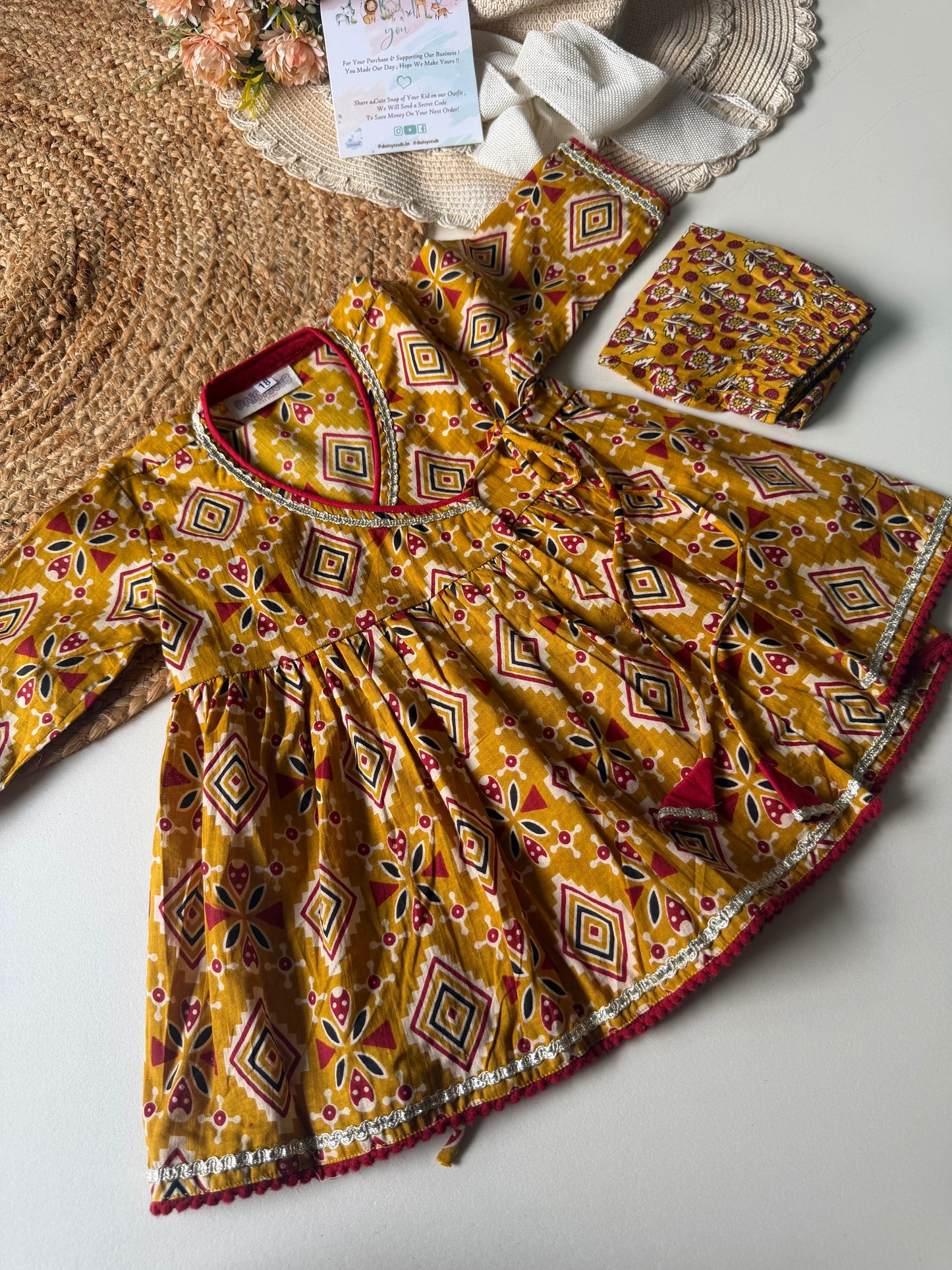 Pure Cotton Angarkha Kurti with Pant - Mustard