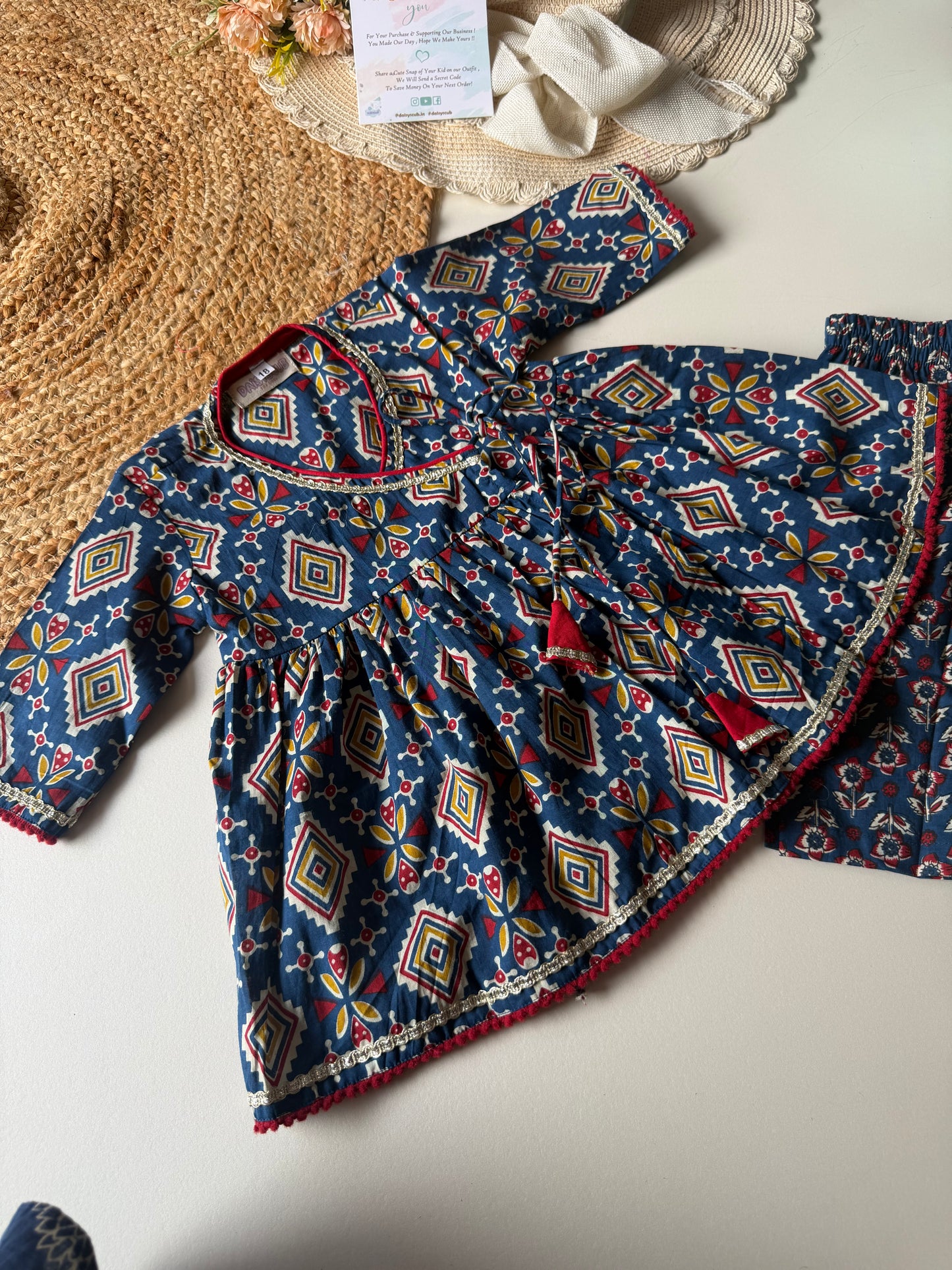 Pure Cotton Angarkha Kurti with Pant - Indigo Blue