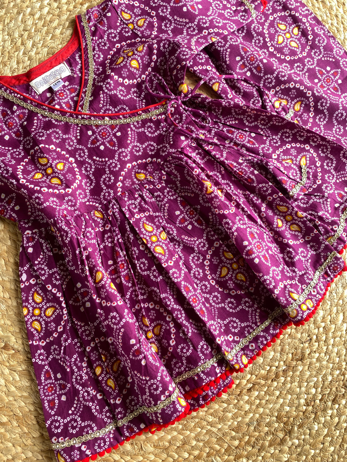 Pure Cotton Angarkha Kurti with Pant - Bandhani Purple