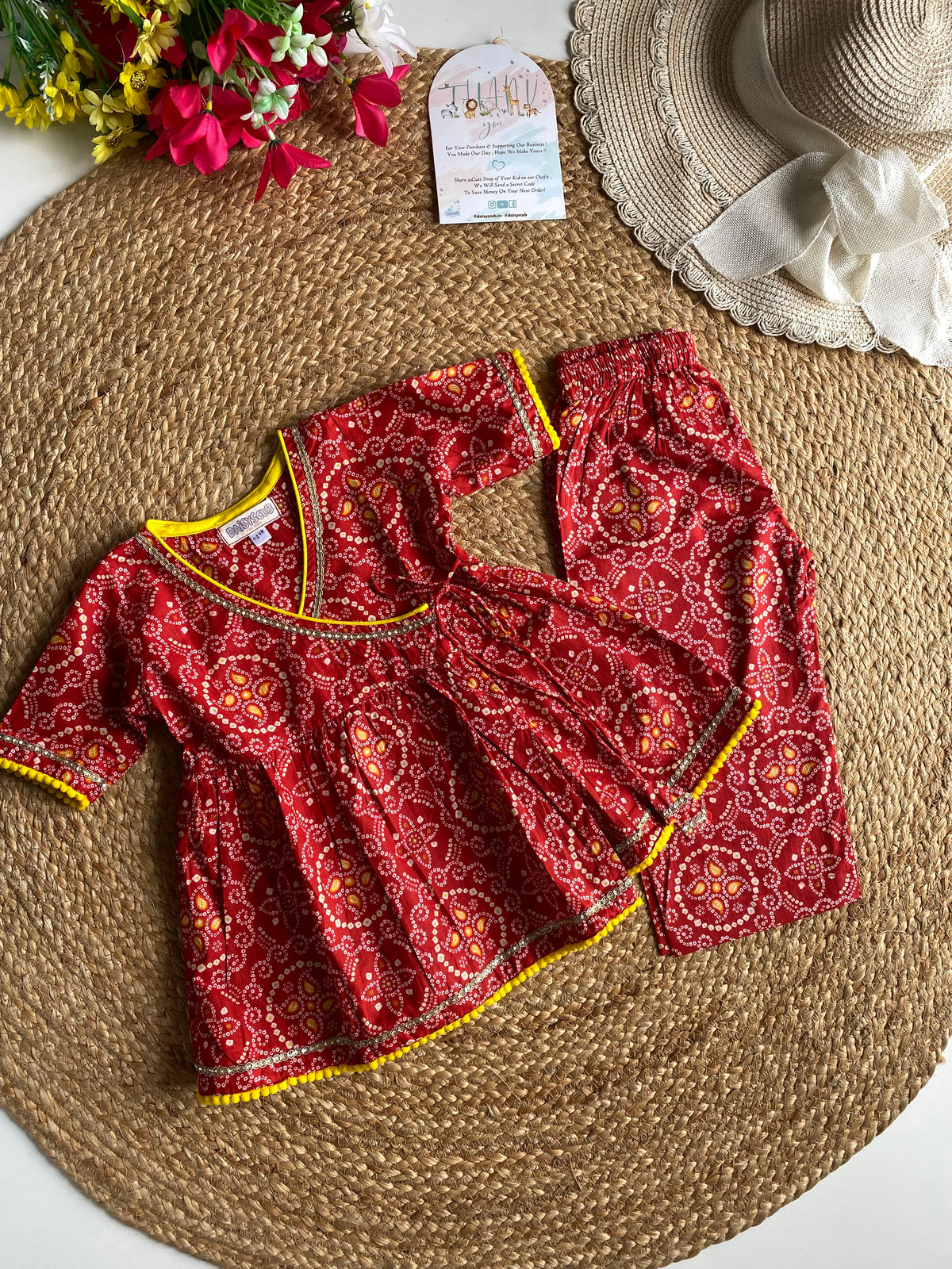 Pure Cotton Angarkha Kurti with Pant - Bandhani Red