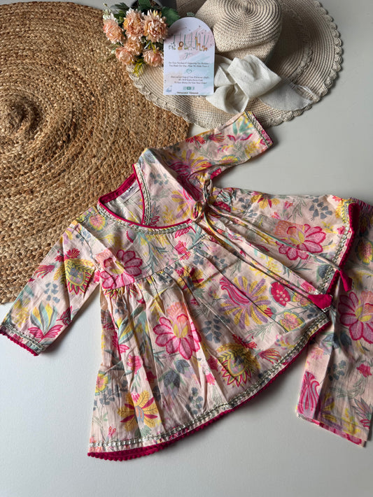 Pure Cotton Angarkha Kurti with Pant - Floral Creamish Pink
