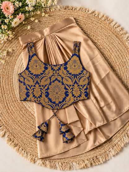 Blue Banarasi Brocade Top with Drape Skirt