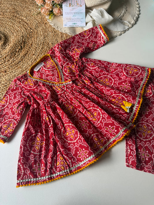 Pure Cotton Angarkha Kurti with Pant - Bandhani Red