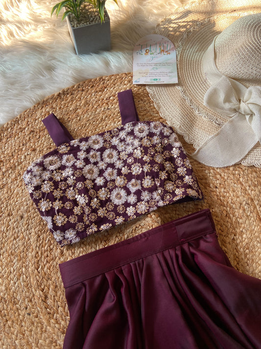 Wine Floral Embroidery Drape Skirt