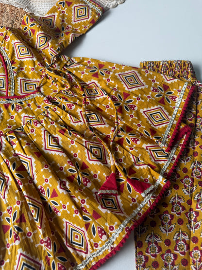 Pure Cotton Angarkha Kurti with Pant - Mustard