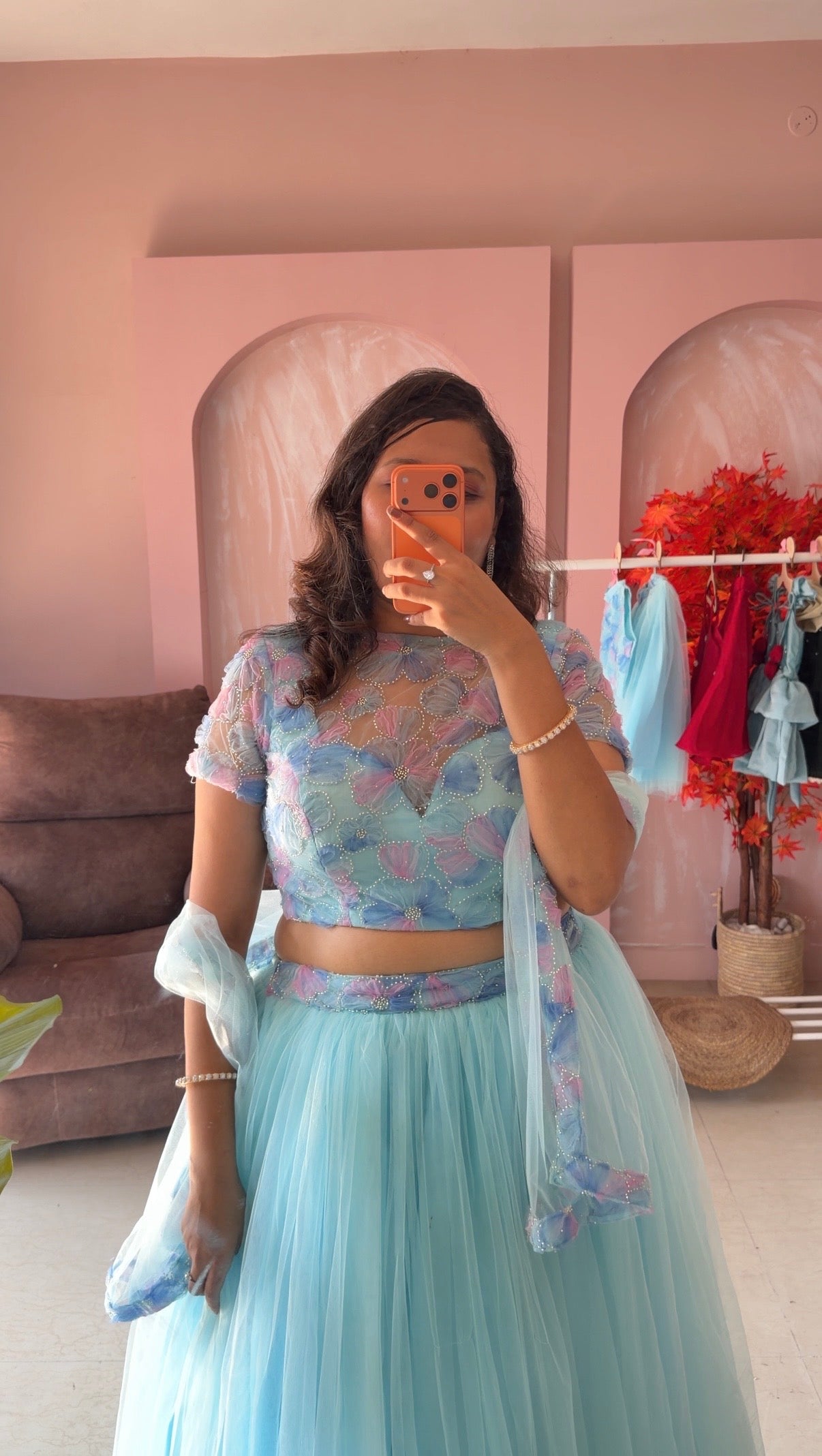 Sky blue Net beads lehenga set with dupatta ( adult / mom )