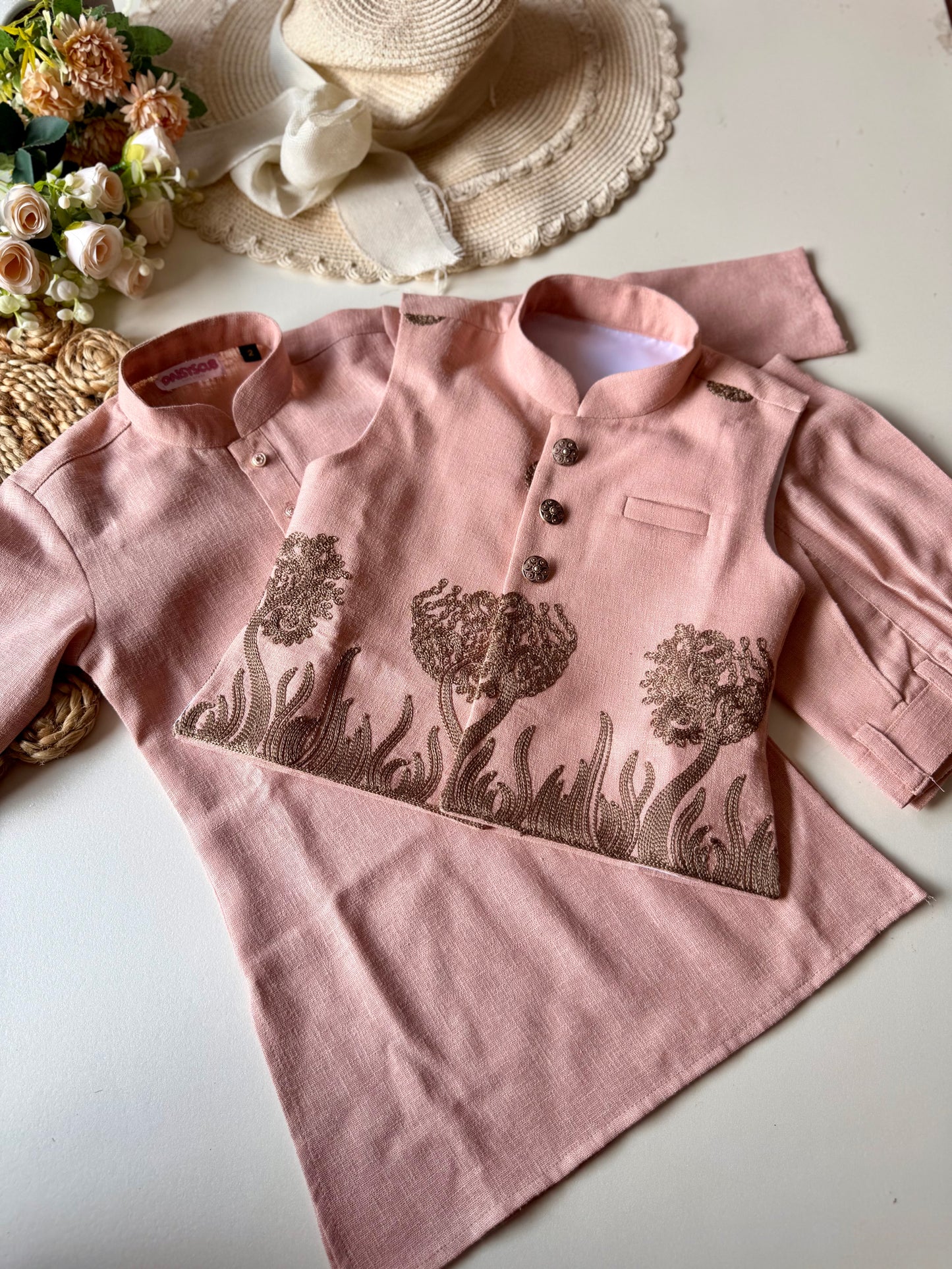 Designer Linen look Floral Pink Embroidery Jacket Kurta Set