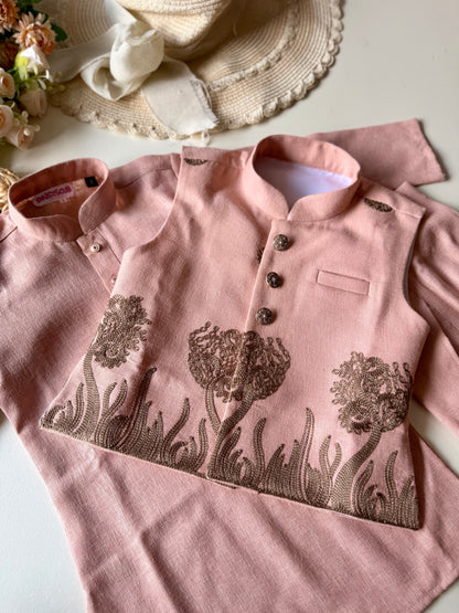Designer Linen look Floral Pink Embroidery Jacket Kurta Set