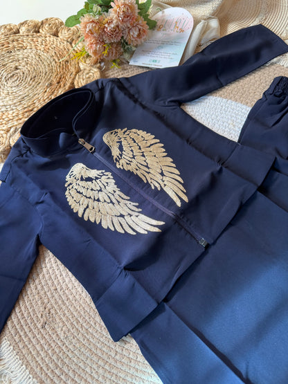 Navy Blue Boys Wing Embroidered Jacket , Kurta & Trouser Set