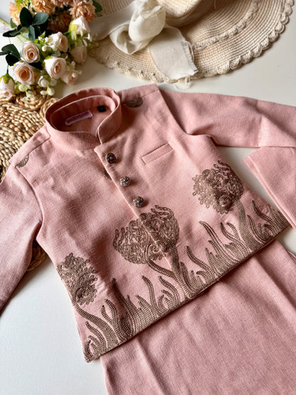 Designer Linen look Floral Pink Embroidery Jacket Kurta Set