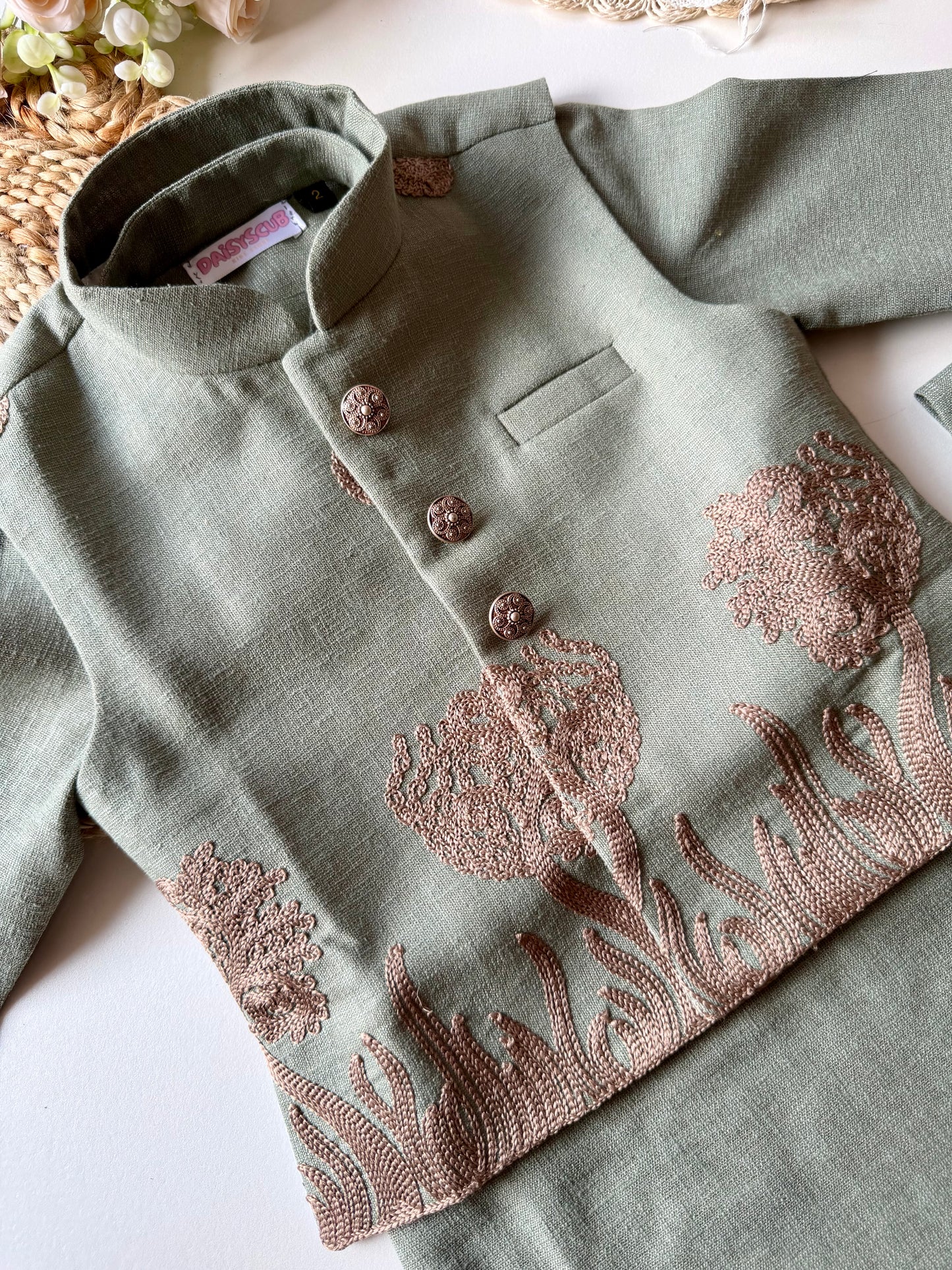 Designer Linen look Floral Sage Green Embroidery Jacket Kurta Set