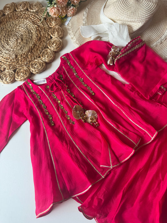 Chinon Hand Embroidery Kali Kurti with Pant & Dupatta