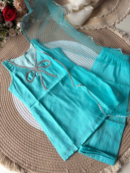 Sky Blue Modal Bow Kurti with Pant & Dupatta