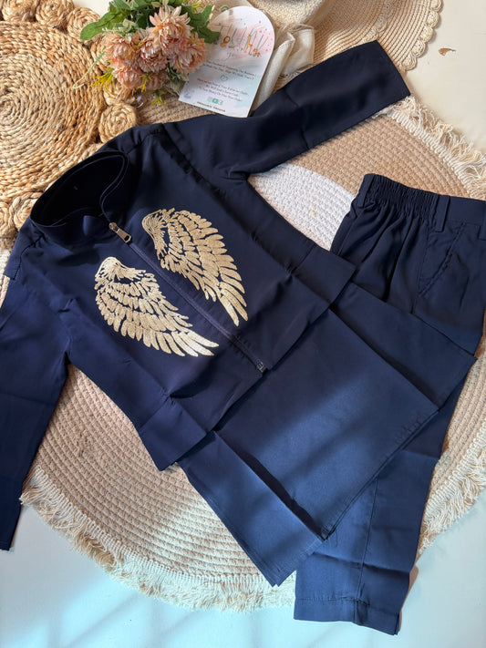 Navy Blue Boys Wing Embroidered Jacket , Kurta & Trouser Set