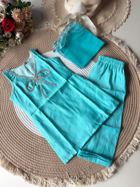 Sky Blue Modal Bow Kurti with Pant & Dupatta