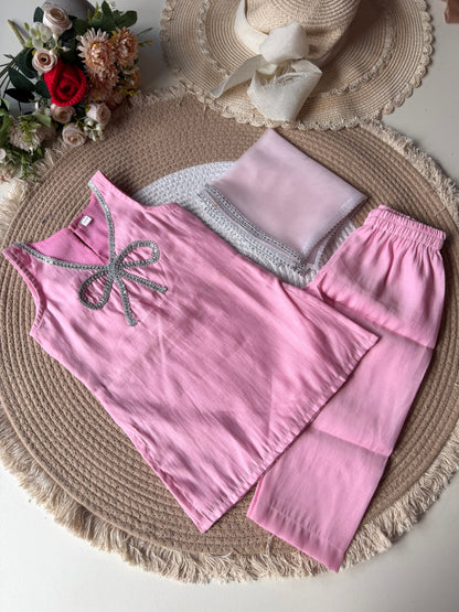 Baby Pink Modal Bow Kurti with Pant & Dupatta