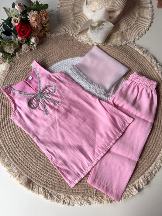 Baby Pink Modal Bow Kurti with Pant & Dupatta