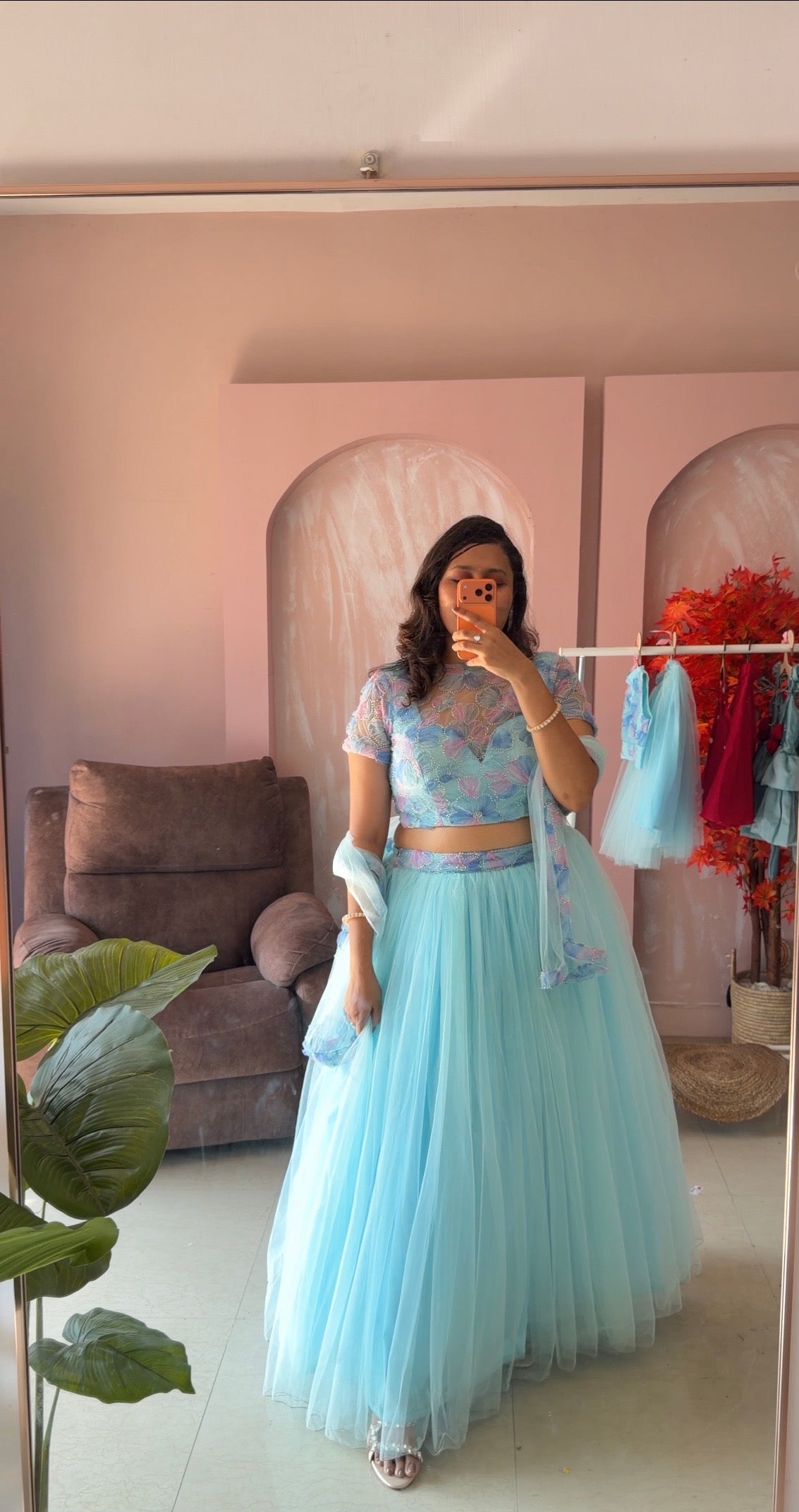 Sky blue Net beads lehenga set with dupatta ( adult / mom )