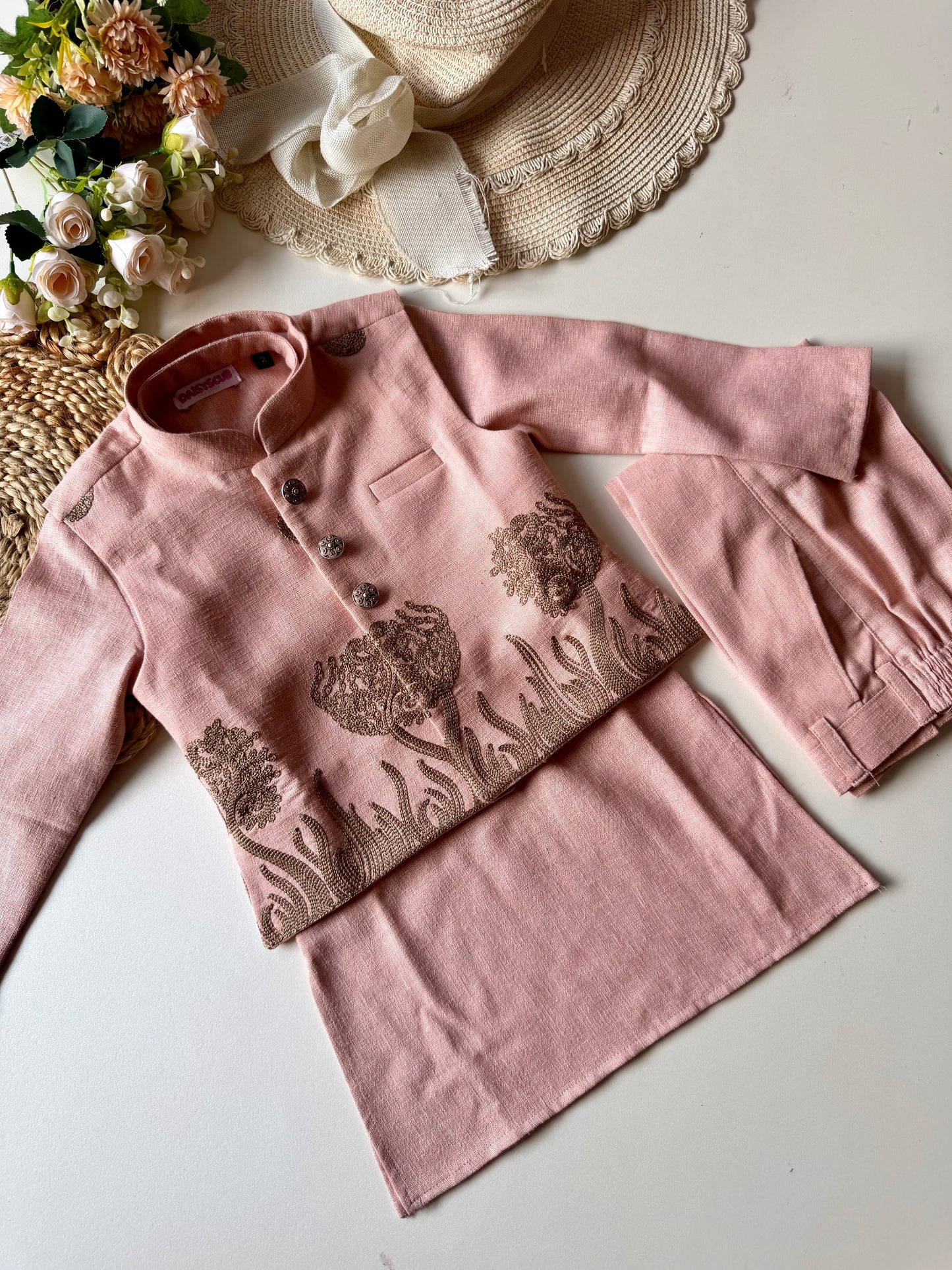 Designer Linen look Floral Pink Embroidery Jacket Kurta Set