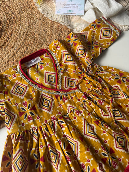 Pure Cotton Angarkha Kurti with Pant - Mustard