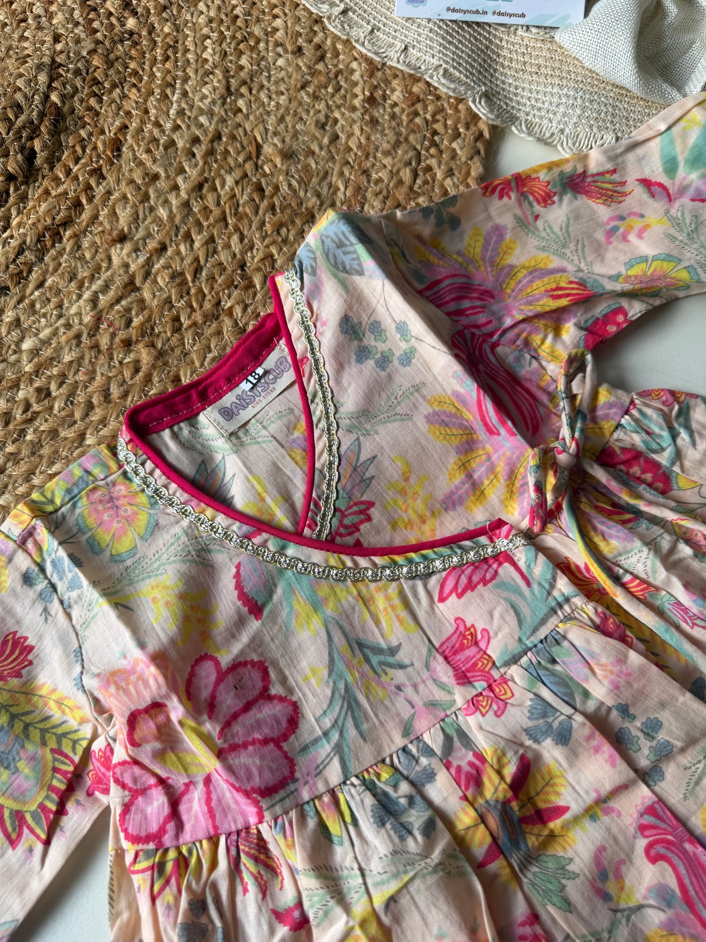 Pure Cotton Angarkha Kurti with Pant - Floral Creamish Pink