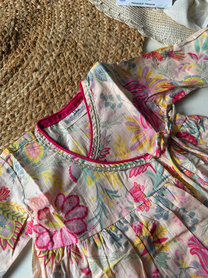 Pure Cotton Angarkha Kurti with Pant - Floral Creamish Pink