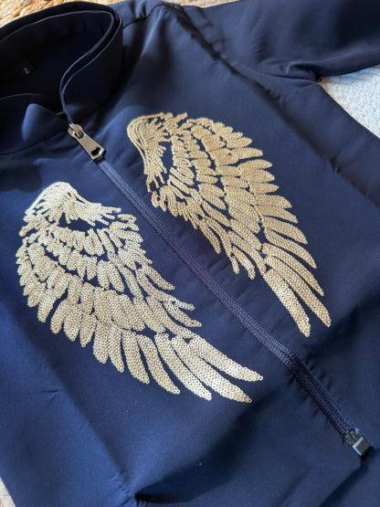 Navy Blue Boys Wing Embroidered Jacket , Kurta & Trouser Set