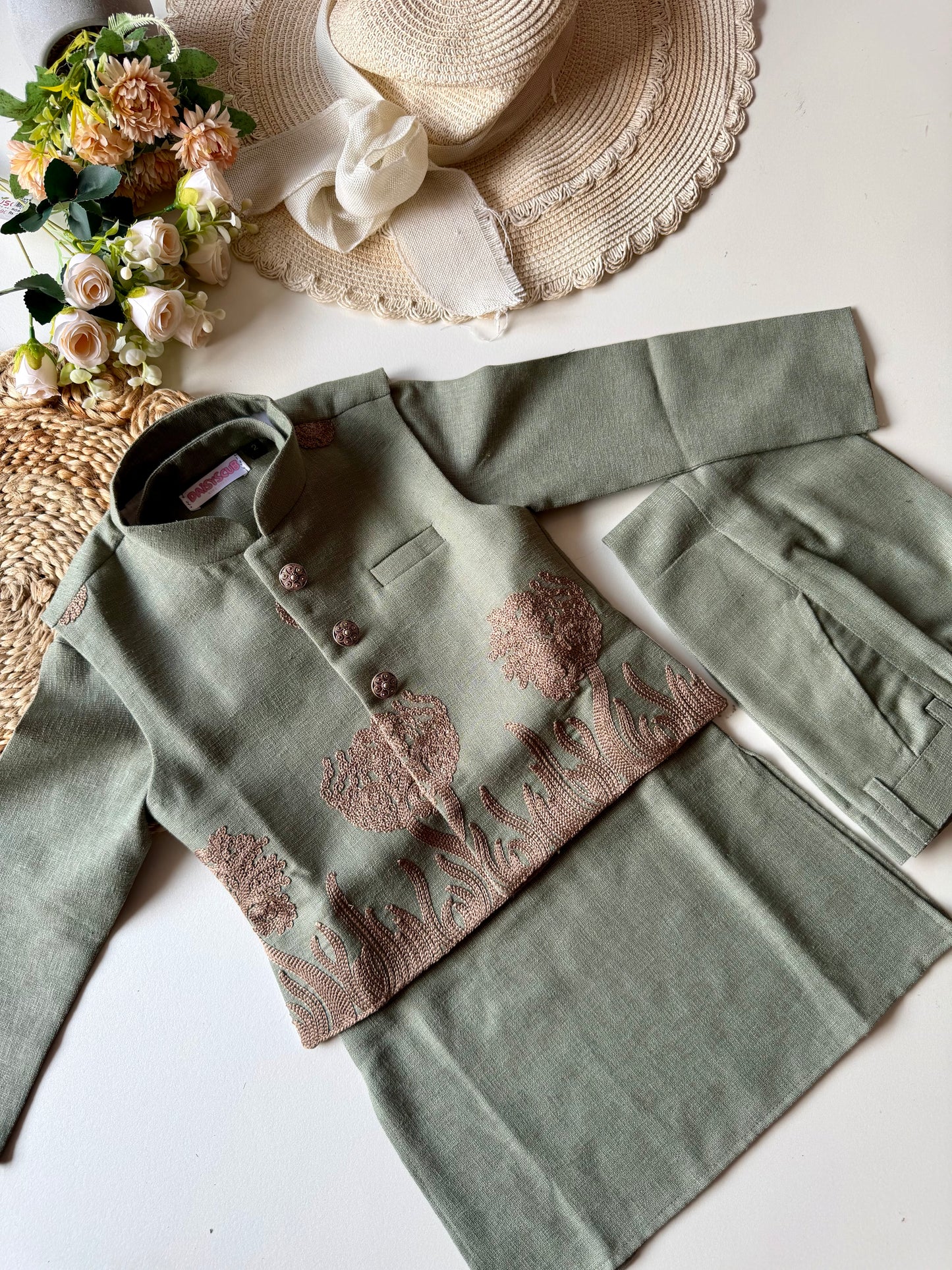 Designer Linen look Floral Sage Green Embroidery Jacket Kurta Set