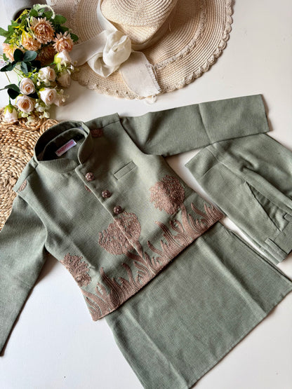 Designer Linen look Floral Sage Green Embroidery Jacket Kurta Set