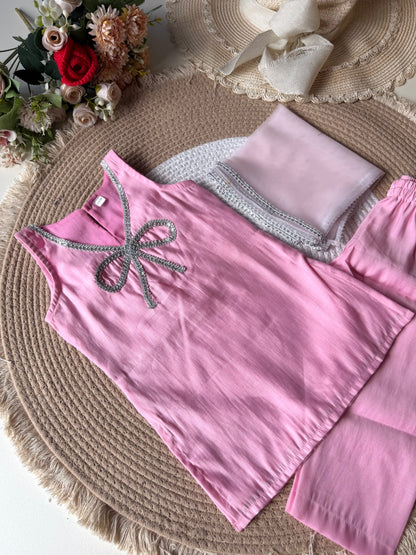 Baby Pink Modal Bow Kurti with Pant & Dupatta