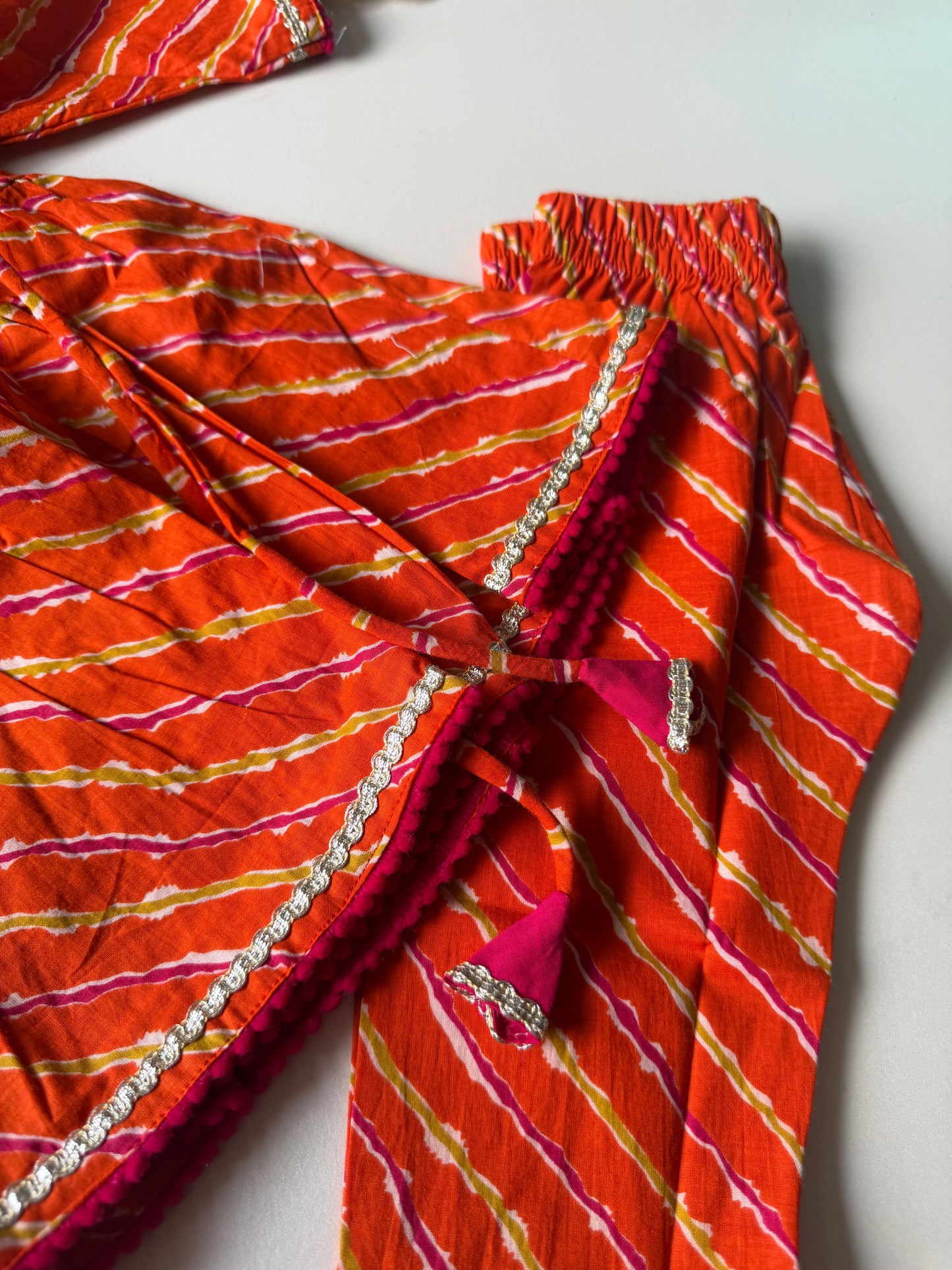 Pure Cotton Angarkha Kurti with Pant - Lehariya Orange