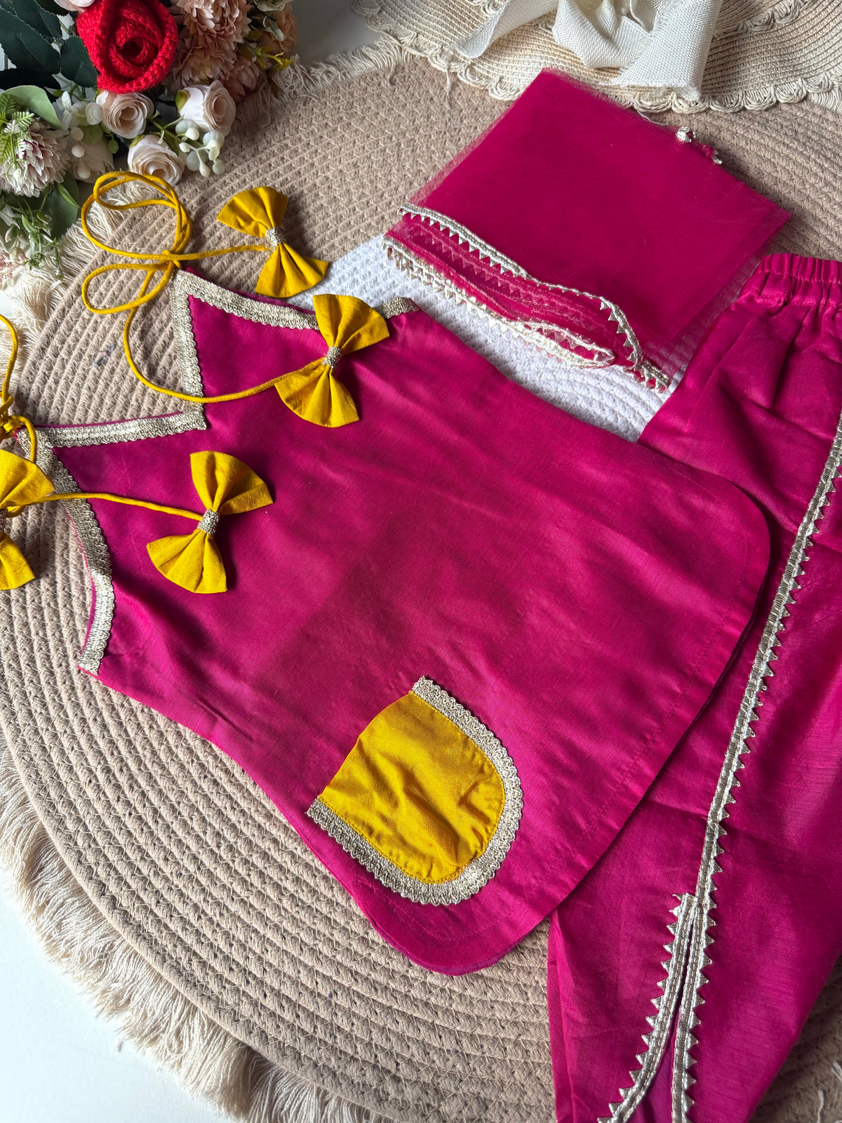 Chanderi Hot Pink Kurti with Pant & Dupatta