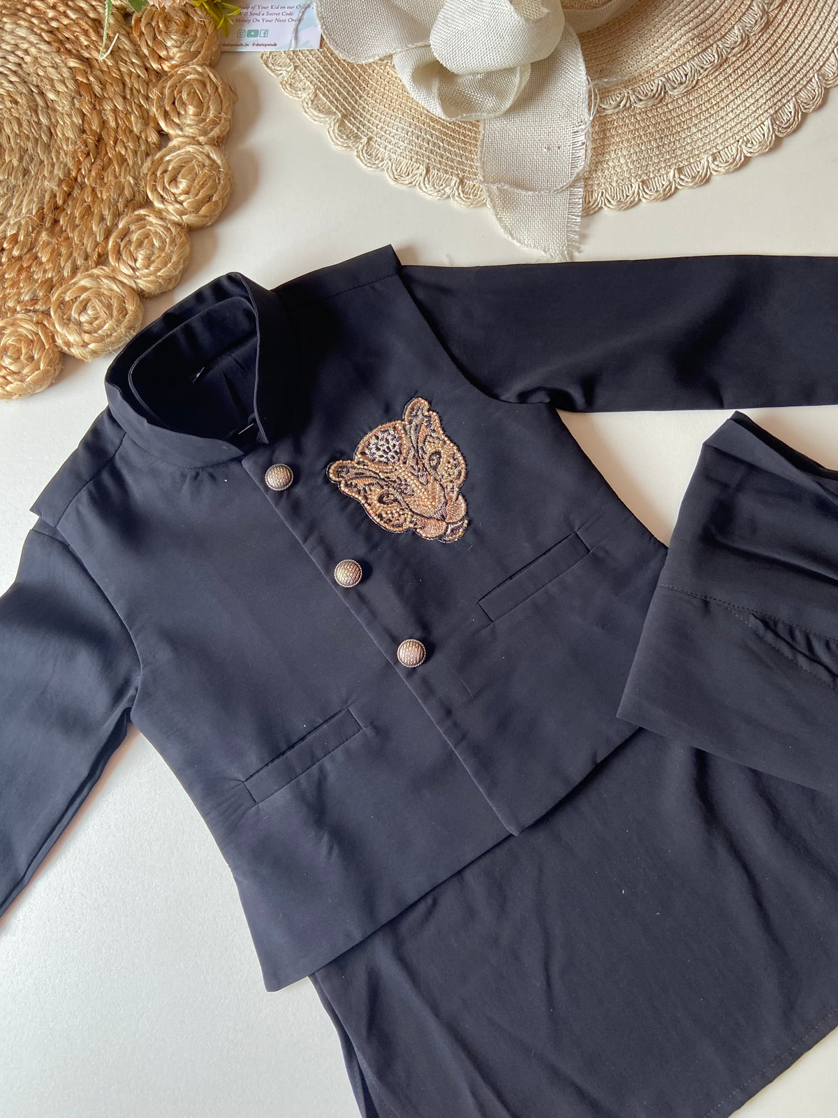 Black Kurta Set with Golden Tiger Sequin Embroidered Waistcoat