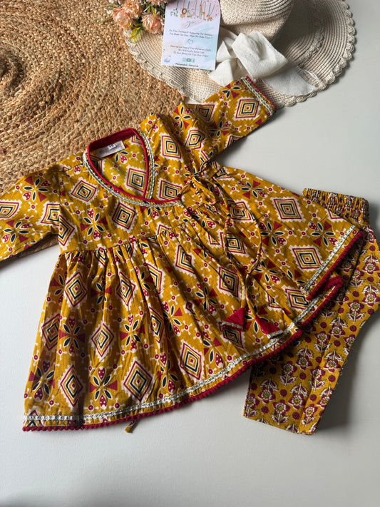 Pure Cotton Angarkha Kurti with Pant - Mustard