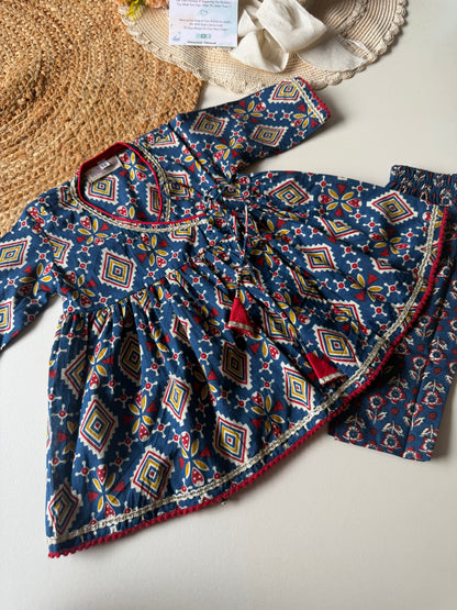 Pure Cotton Angarkha Kurti with Pant - Indigo Blue