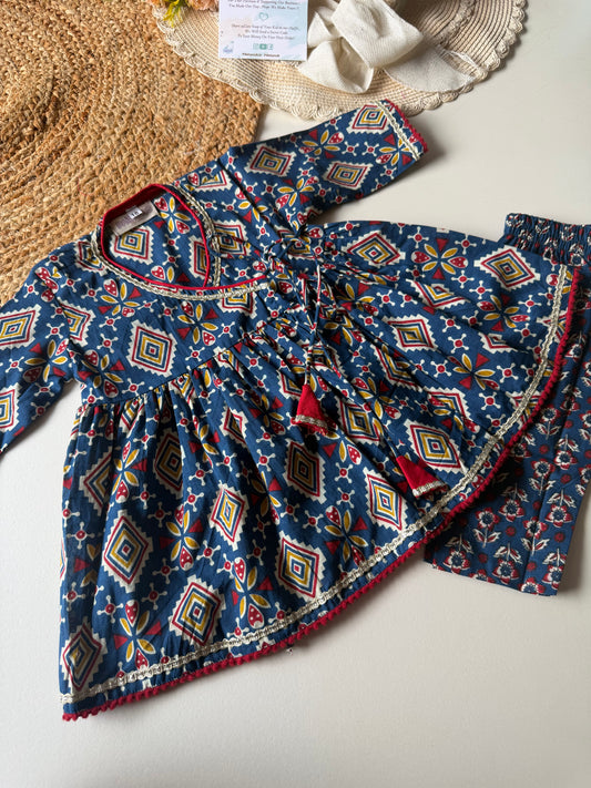 Pure Cotton Angarkha Kurti with Pant - Indigo Blue