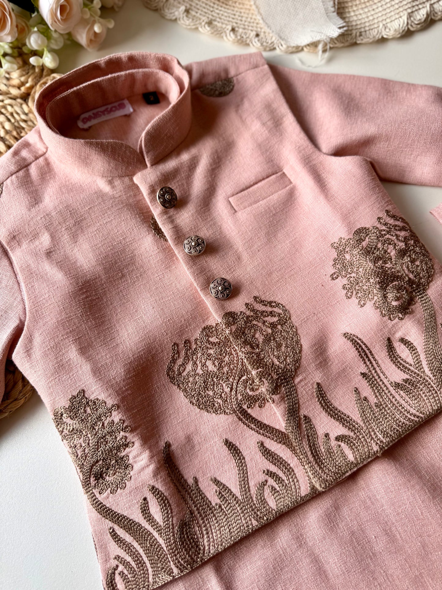 Designer Linen look Floral Pink Embroidery Jacket Kurta Set