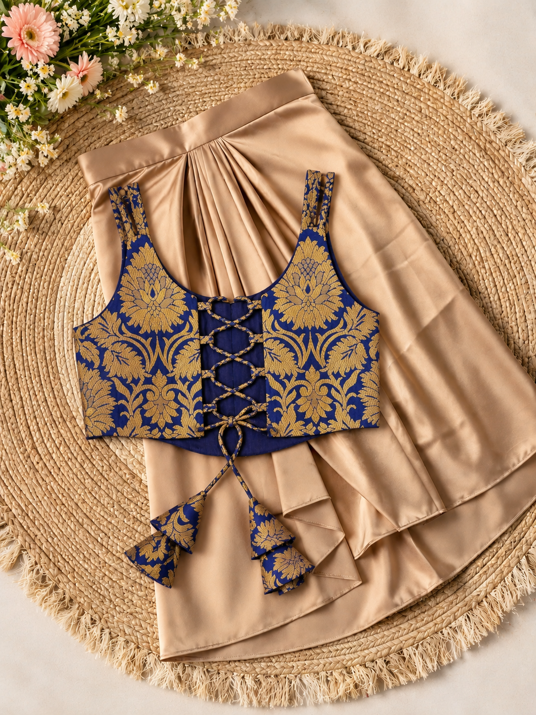 Blue Banarasi Brocade Top with Drape Skirt