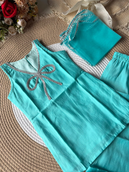 Sky Blue Modal Bow Kurti with Pant & Dupatta