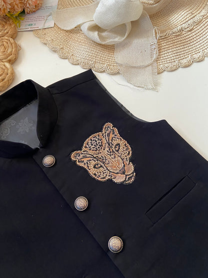 Black Kurta Set with Golden Tiger Sequin Embroidered Waistcoat