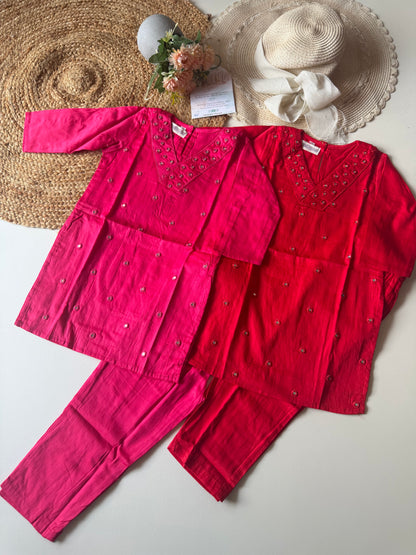 Jam cotton Mirror Embroidery Kurta set in 2 colours