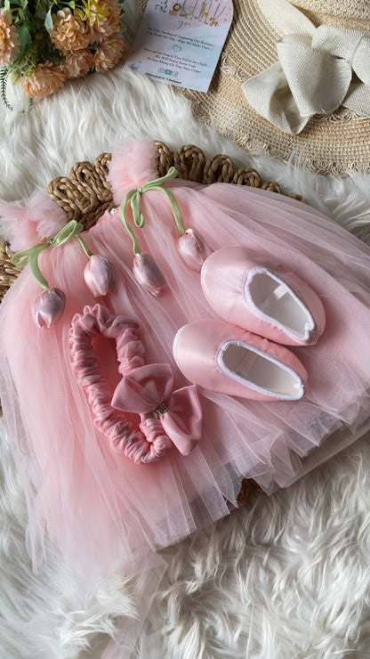 Baby Pink Tulip Frock with Shoes & Hair Accessories