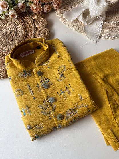 Designer Linen Hand Embroidery Mustard Jacket Kurta Set