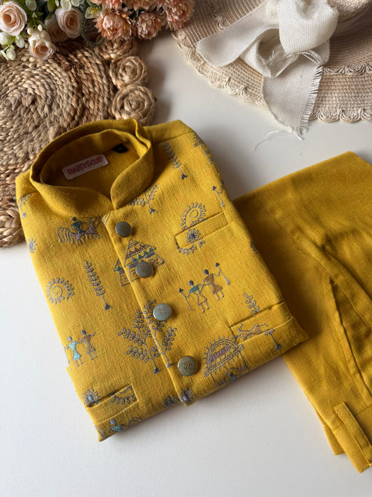 Designer Linen Hand Embroidery Mustard Jacket Kurta Set