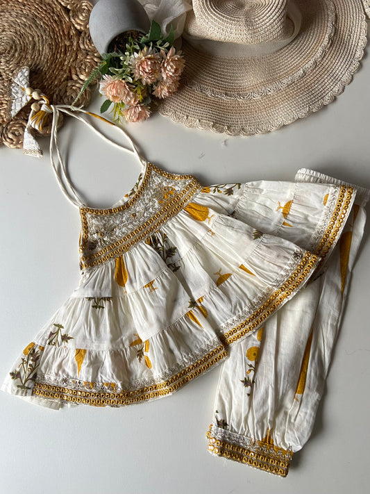 Pure cotton Layered Top with Afghani Pants - Yellow