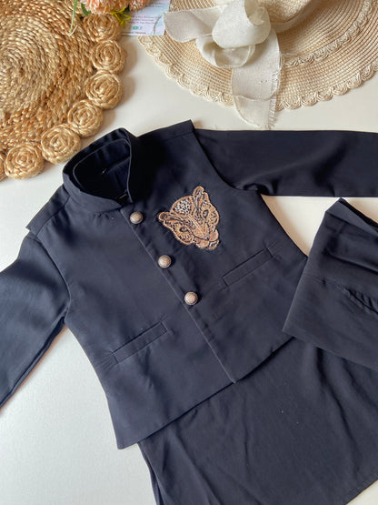Black Kurta Set with Golden Tiger Sequin Embroidered Waistcoat