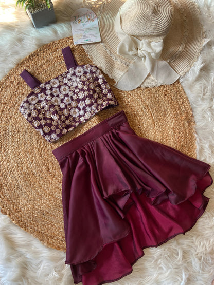 Wine Floral Embroidery Drape Skirt