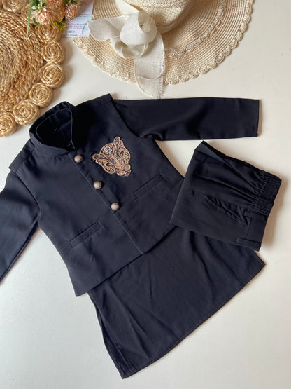 Black Kurta Set with Golden Tiger Sequin Embroidered Waistcoat
